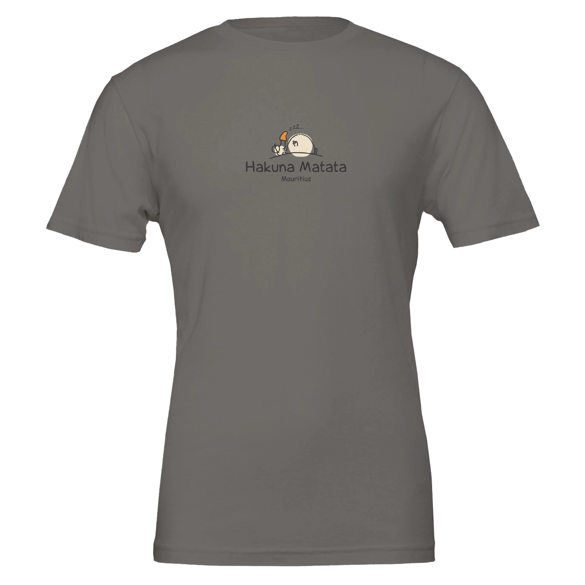 Chilliisland Dark grey t-shirt featuring a playful design with "Hakuna Matata" and a cartoon Dodo relaxing, representing a carefree lifestyle in Mauritius