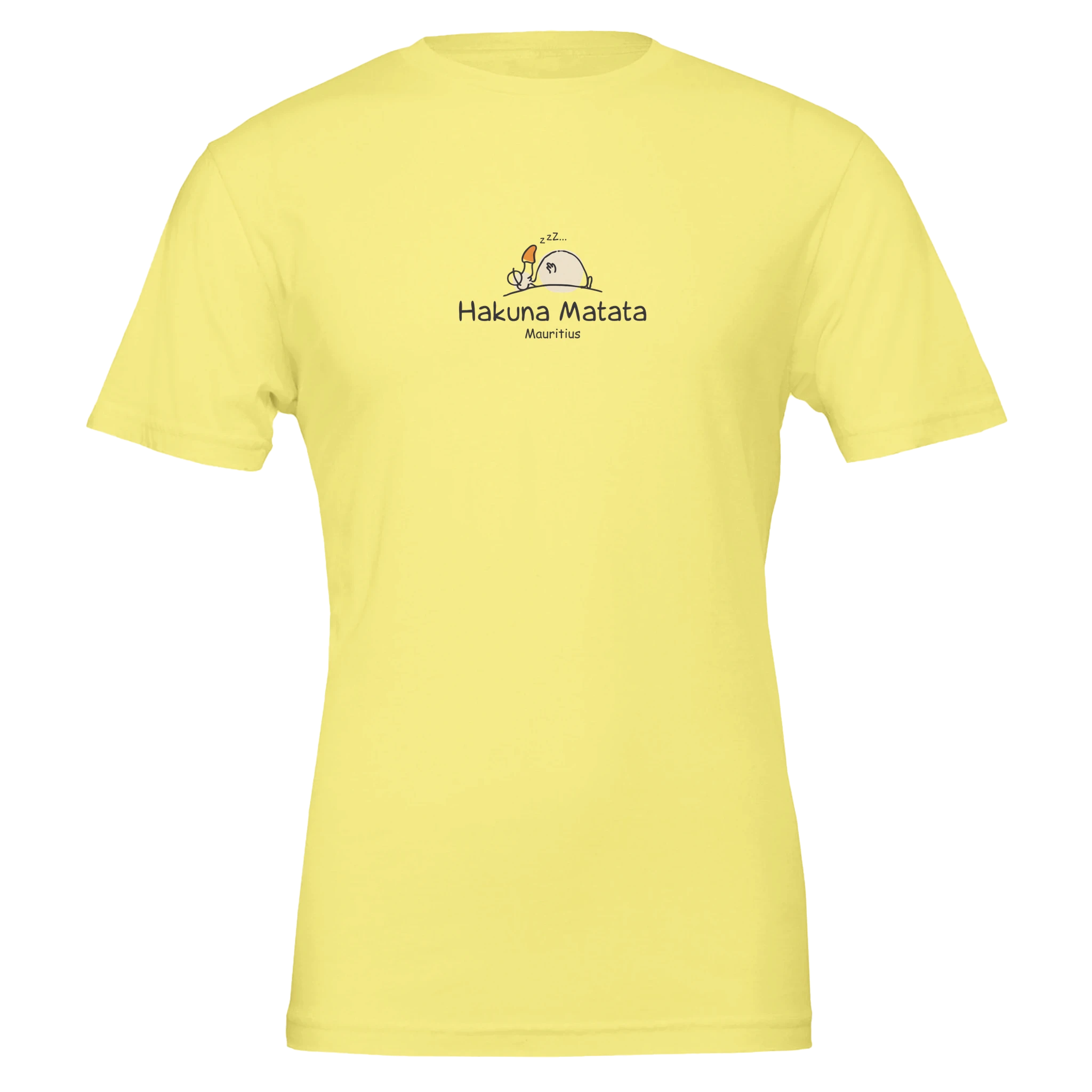 Chilliisland Yellow t-shirt featuring a playful design with "Hakuna Matata" and a cartoon Dodo relaxing, representing a carefree lifestyle in Mauritius