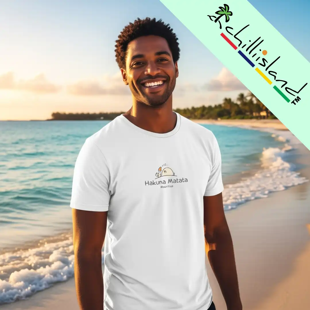 A person stands by the beach in a white Chilliisland t-shirt featuring "Hakuna Matata" with a relaxing graphic, against a sunset backdrop.