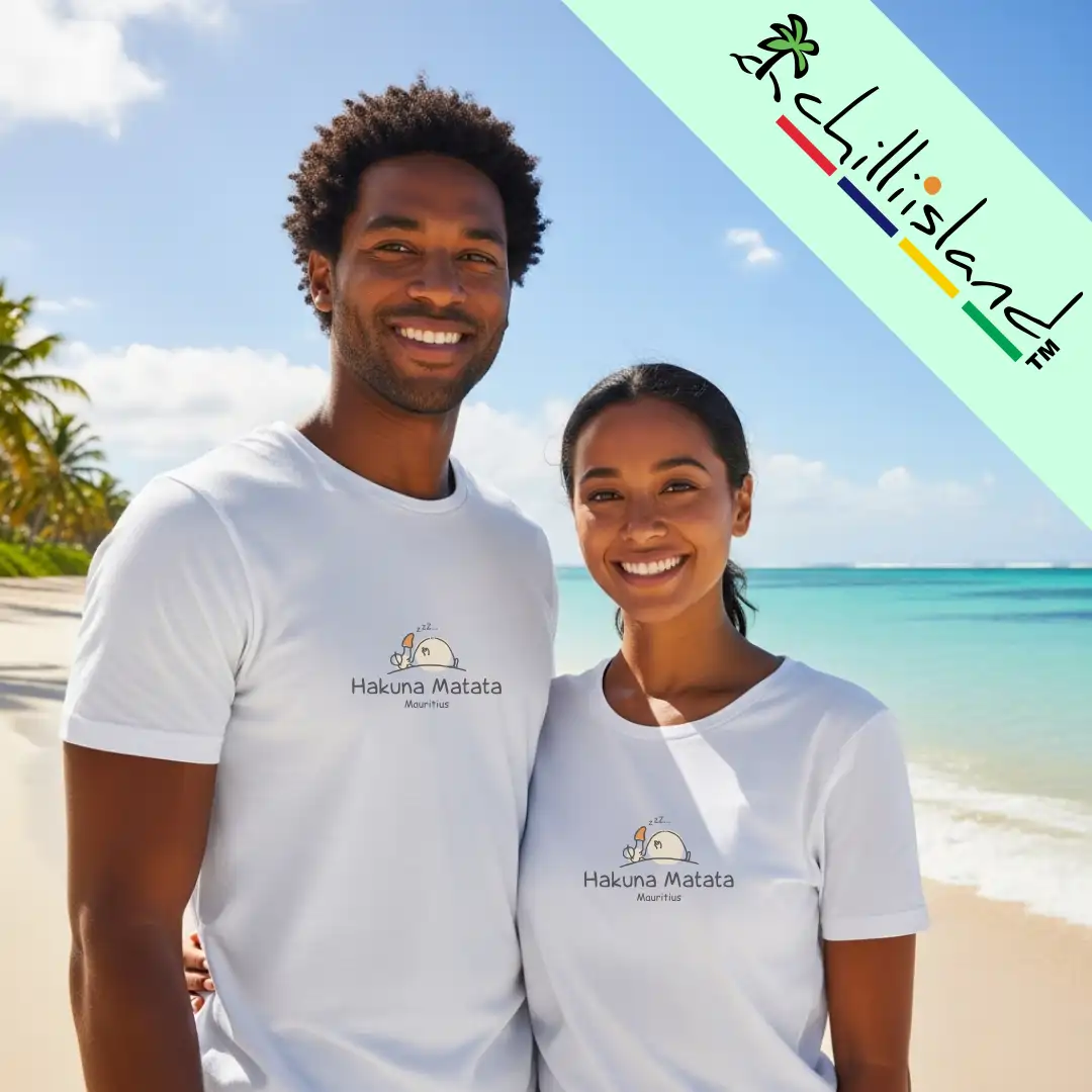 A smiling couple in matching Chilliisland "Hakuna Matata" shirts stands on a sunny tropical beach, in Mauritius, with clear turquoise water and palm trees, exuding joy and relaxation.