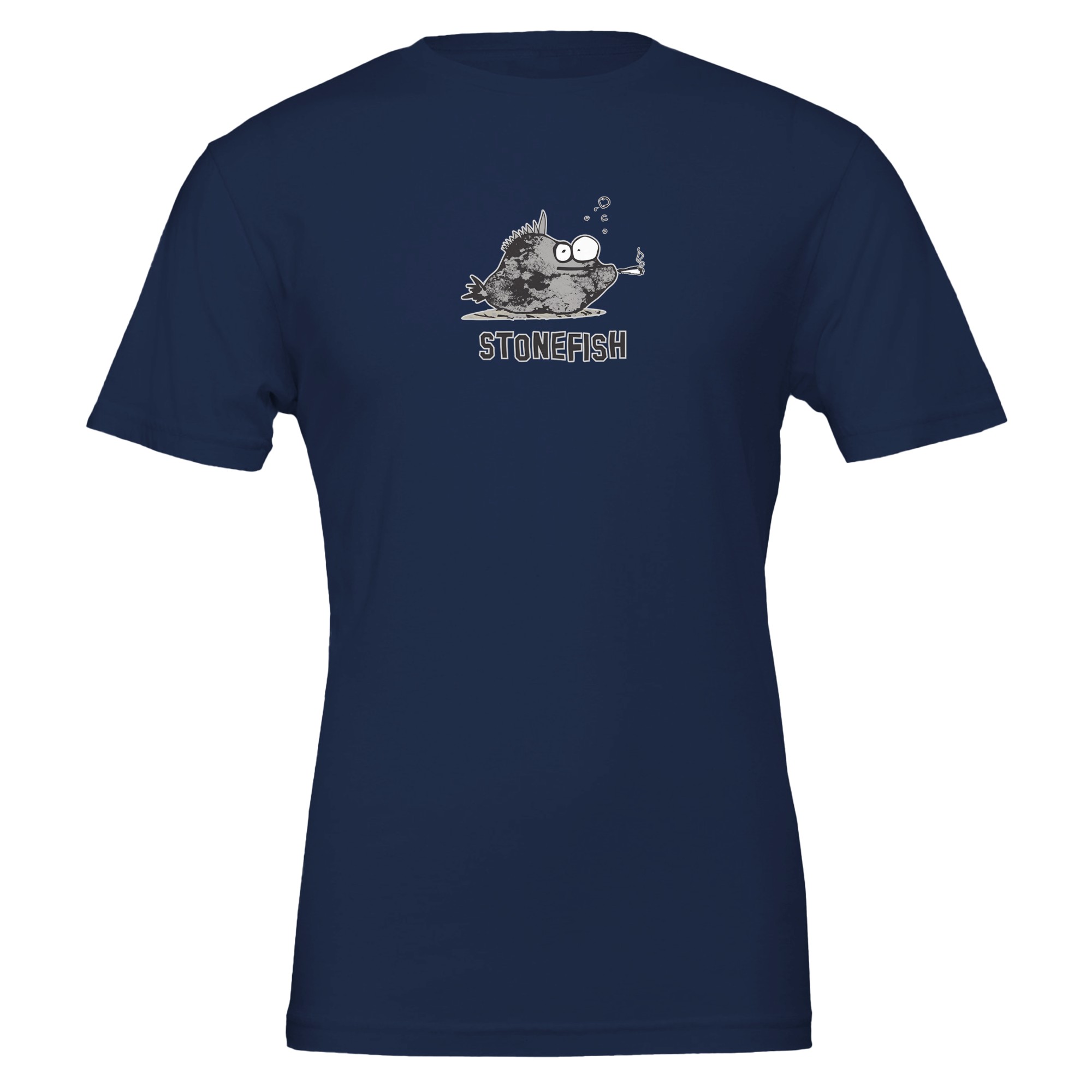 Navy Bluel Colour Chilliisland T-shirt featuring a cartoon stonefish with large eyes and a cigarette, with bubbles above. The word "STONEFISH" is printed underneath.