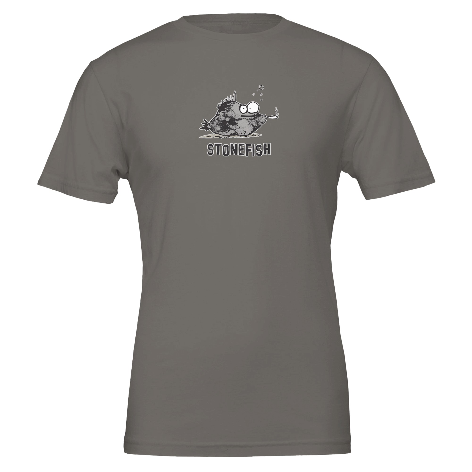 Grey Colour Chilliisland T-shirt featuring a cartoon stonefish with large eyes and a cigarette, with bubbles above. The word "STONEFISH" is printed underneath.