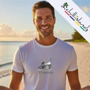 A person on a beach wears a white Chilliisland t-shirt featuring a cartoon "stonefish2 design, with a scenic ocean background and evening sky.