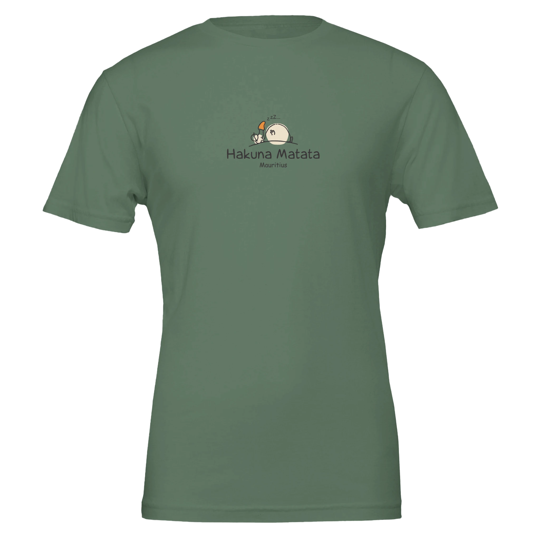 Chilliisland Army Green t-shirt featuring a playful design with "Hakuna Matata" and a cartoon Dodo relaxing, representing a carefree lifestyle in Mauritius