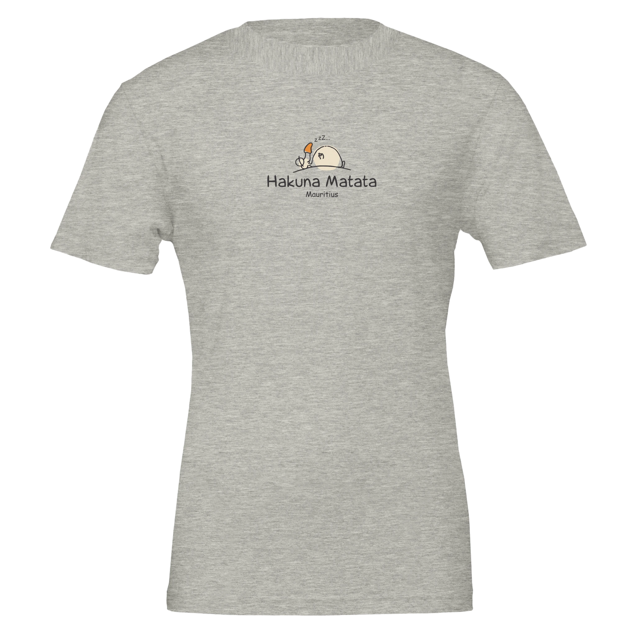 Chilliisland l.Grey t-shirt featuring a playful design with "Hakuna Matata" and a cartoon Dodo relaxing, representing a carefree lifestyle in Mauritius