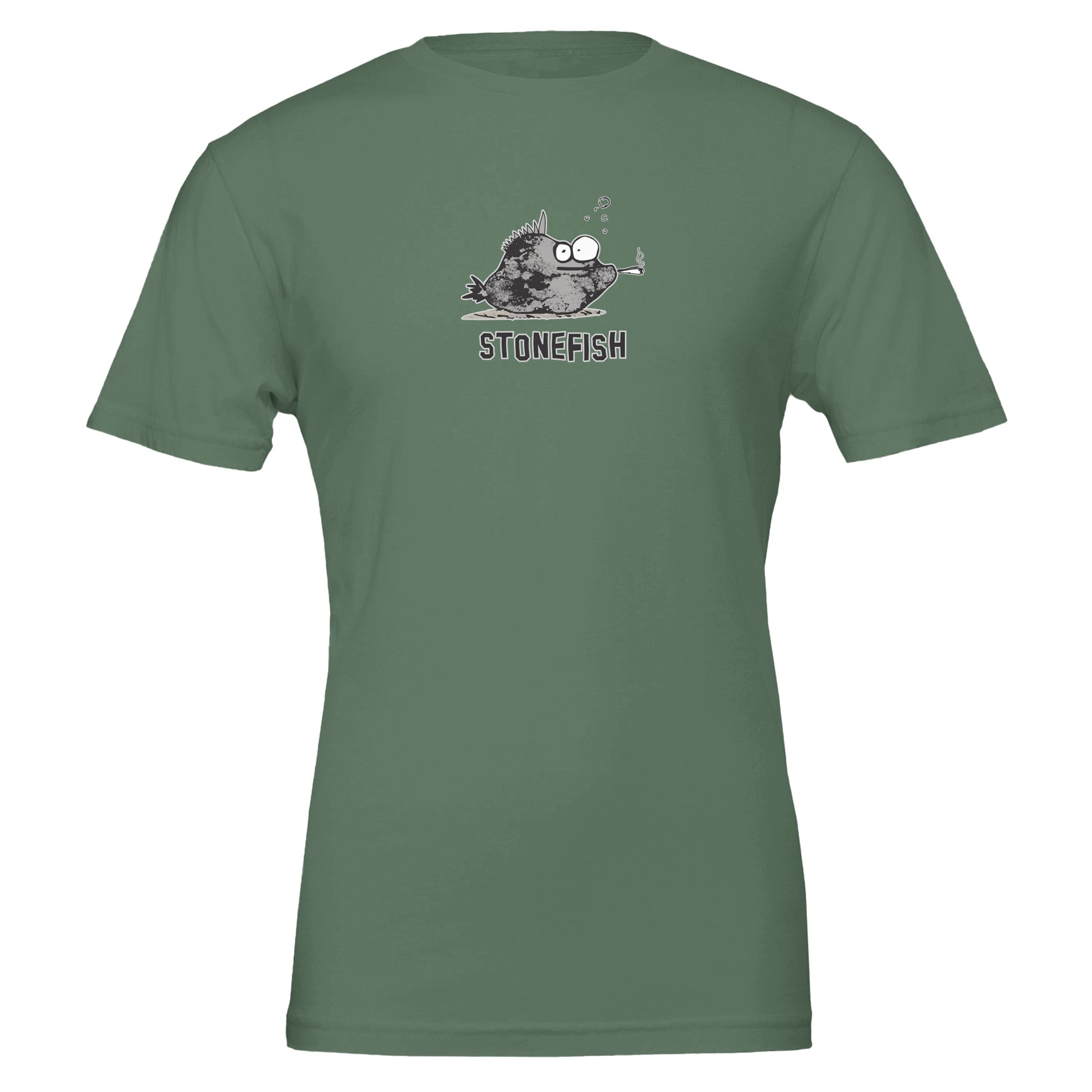Green Colour Chilliisland T-shirt featuring a cartoon stonefish with large eyes and a cigarette, with bubbles above. The word "STONEFISH" is printed underneath.