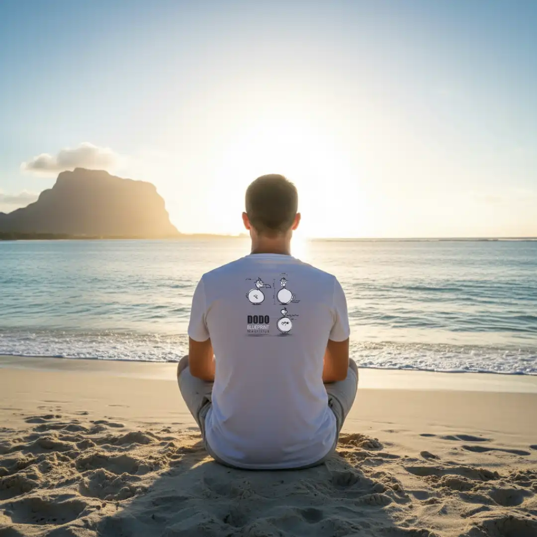 A person sits on a sandy beach, facing the ocean and sunset, wearing a T-shirt with a Dodo blueprint design on the back.