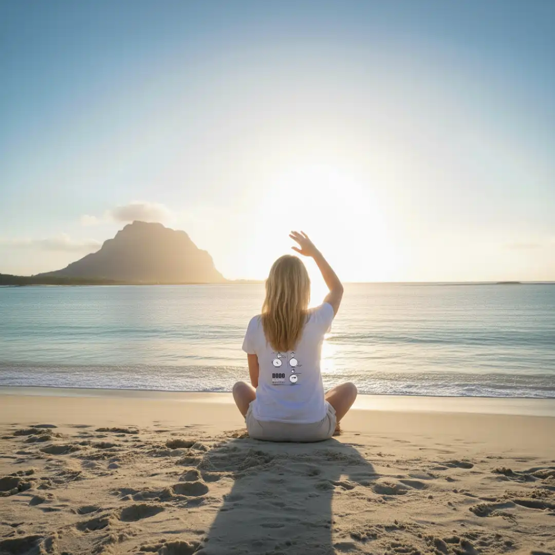 A Women Model sits on a sandy beach, facing the ocean and sunset, wearing a T-shirt with a Dodo blueprint design on the back.